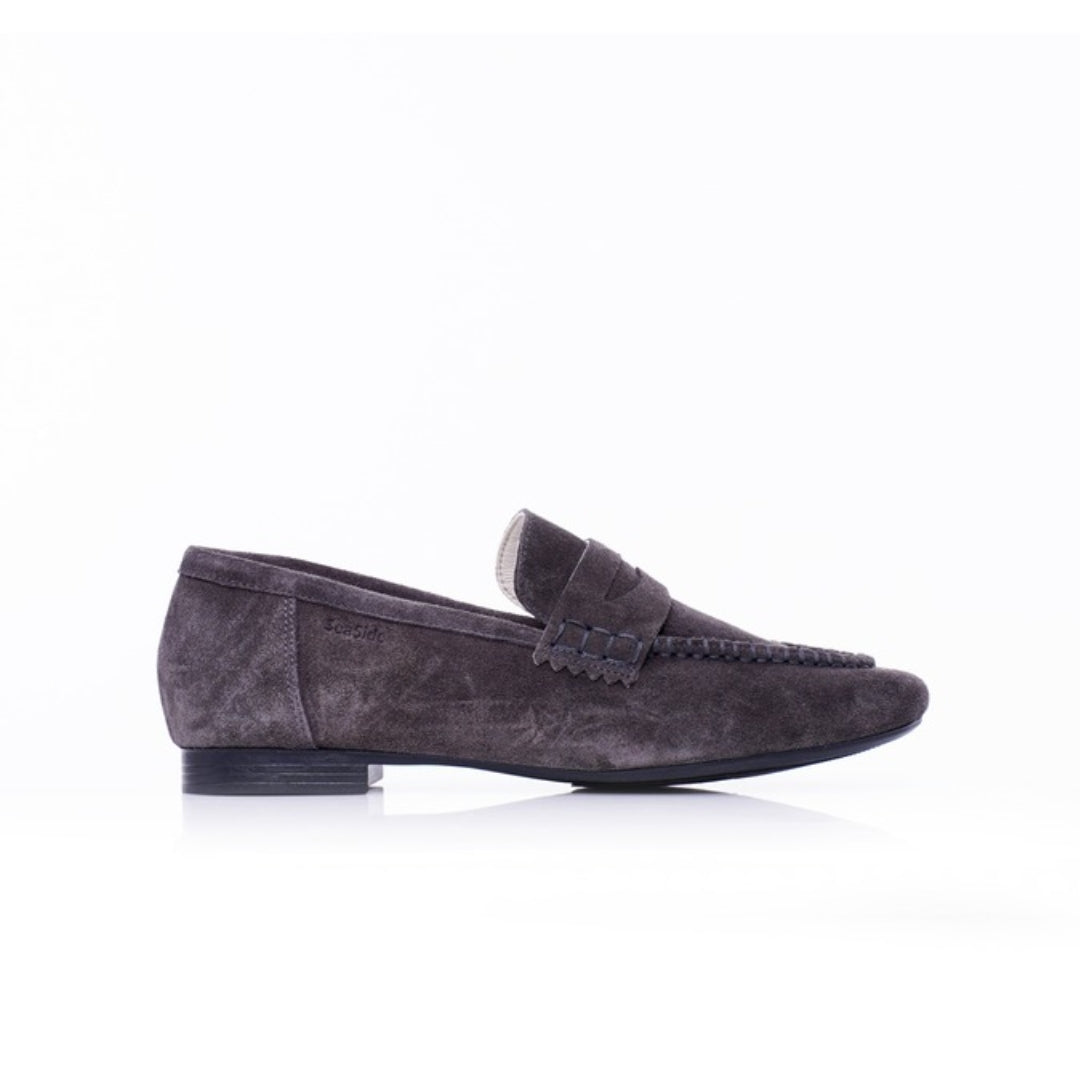 Mocassin cuir daim plat gris