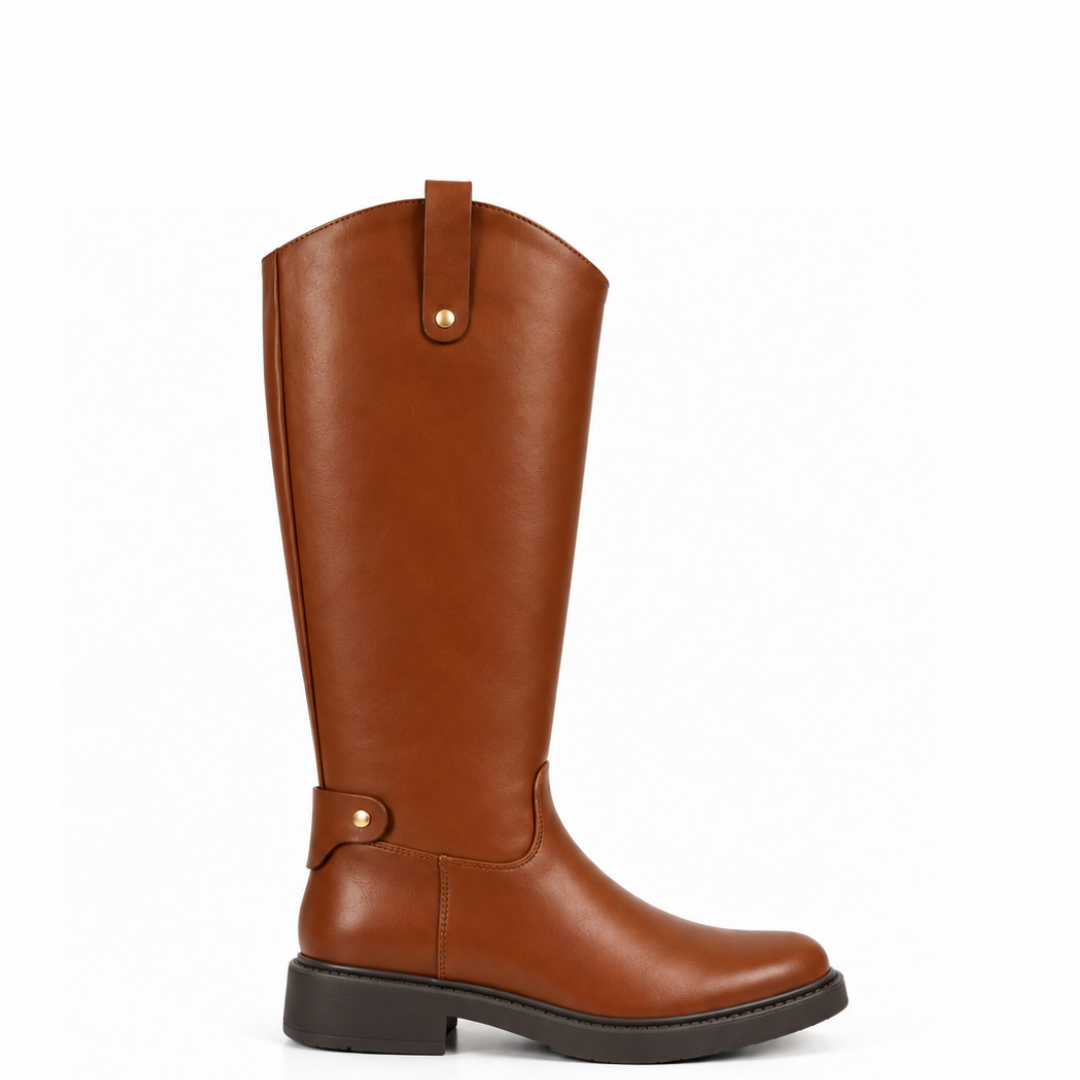 Botte plate femme en simili cuir noir chocolat et camel