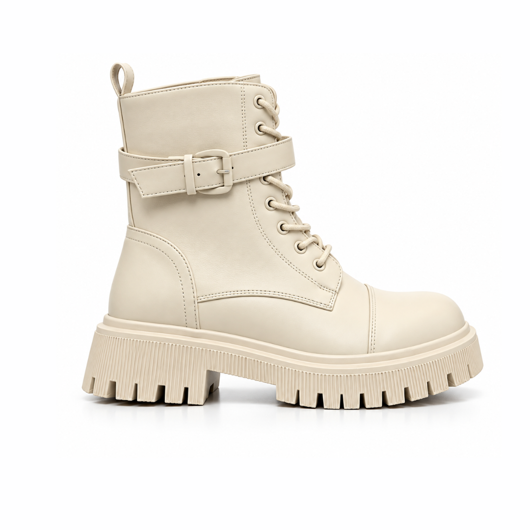 Brodequin femme en simili cuir beige et blanc cassé avec ceintures décoratives