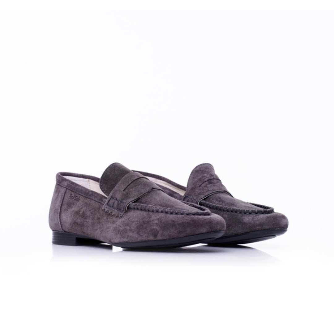 Mocassin cuir daim plat gris