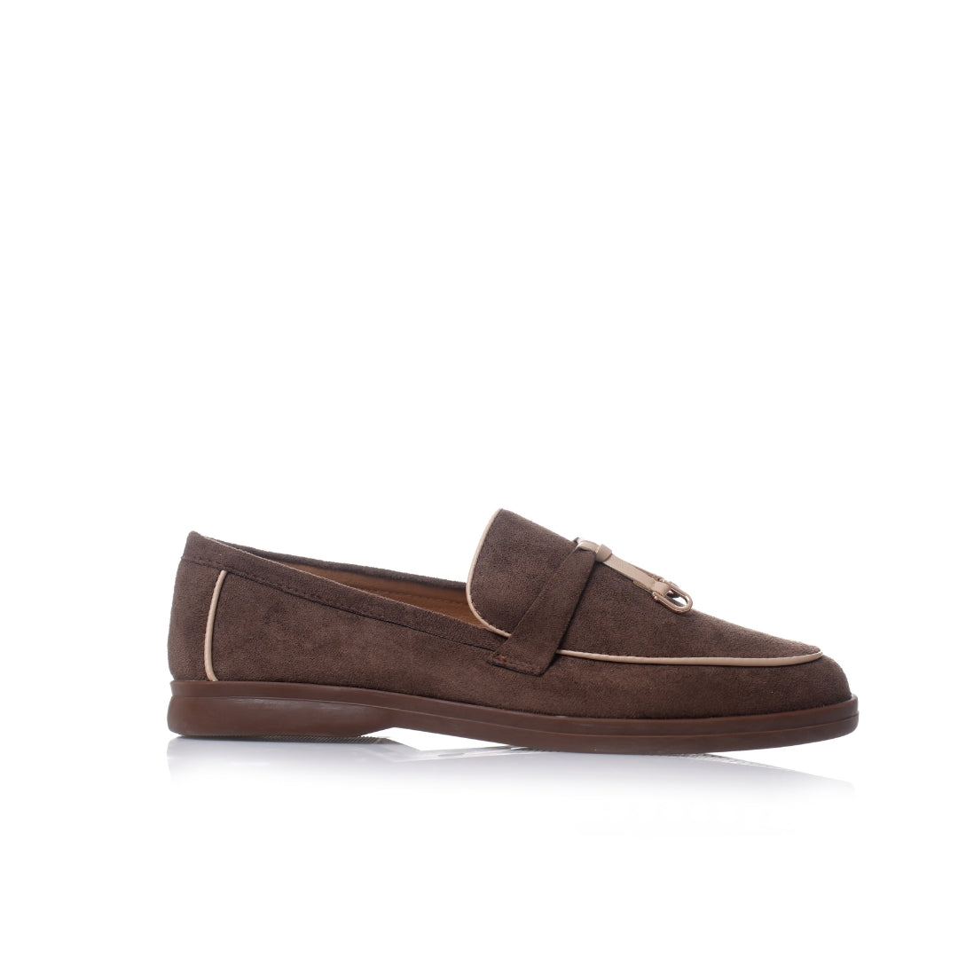 Mocassin femme plat en daim bicolore noir et chocolat